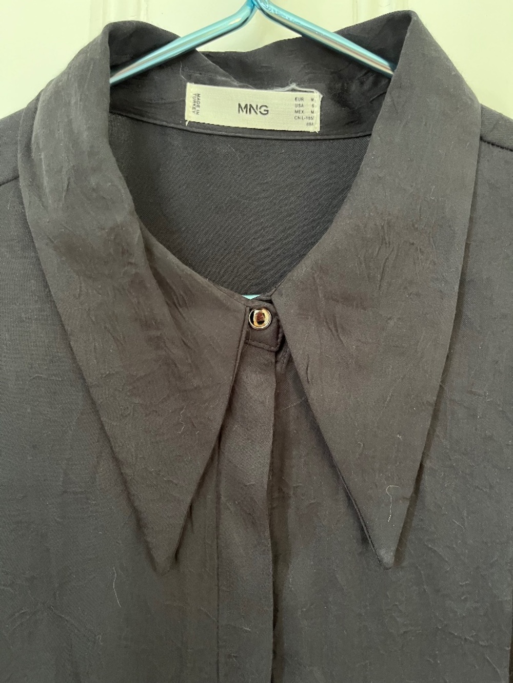 Mango silky wing-collar black blouse with  hidden buttons double cuff